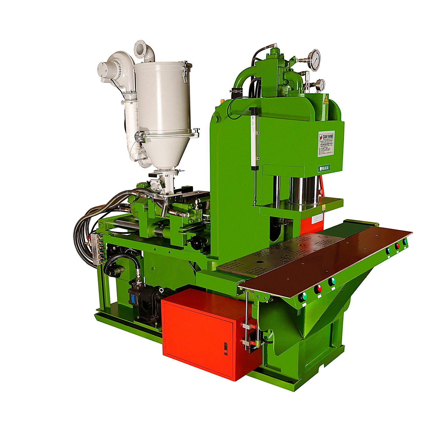Green industrial injection molding machine with control panel and hopper.